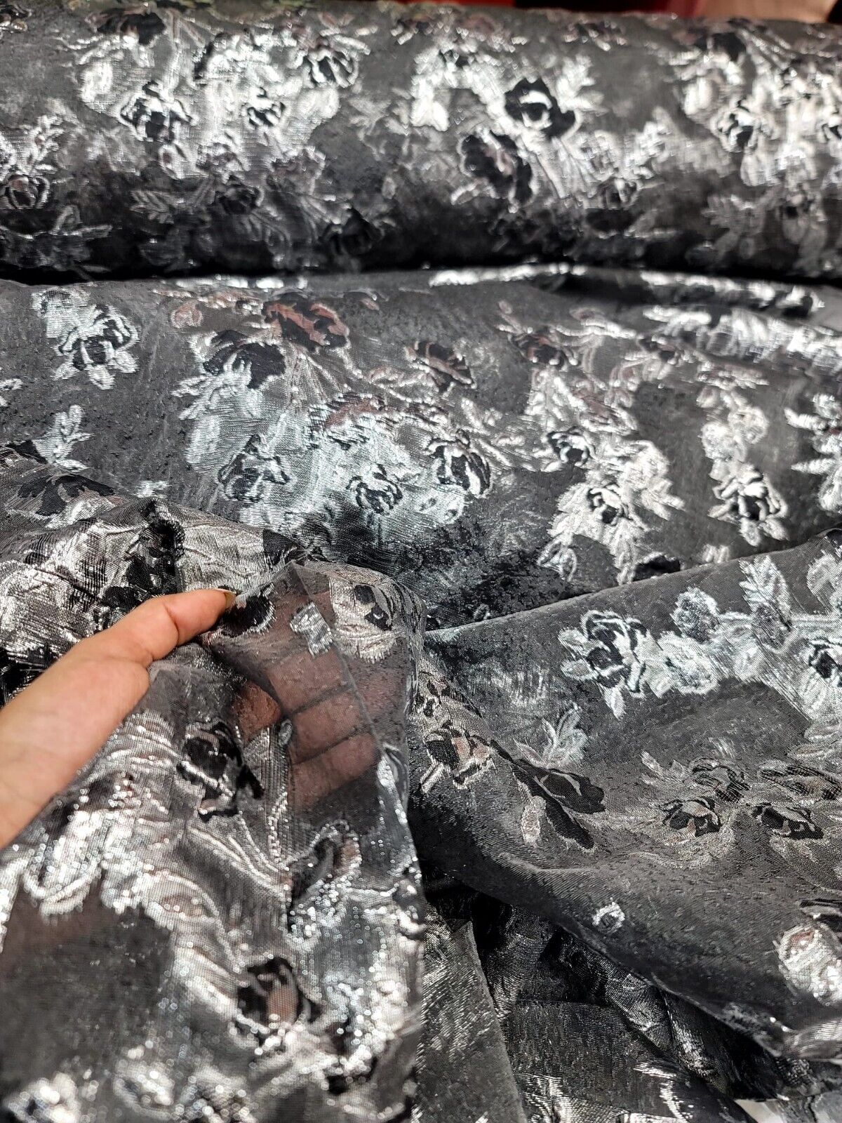 Metallic Silver Floral Brocade Fabric