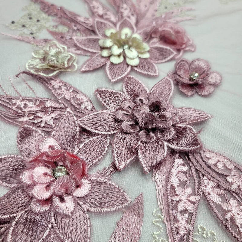 3D Embroidery Lace Fabric Dusty Rose