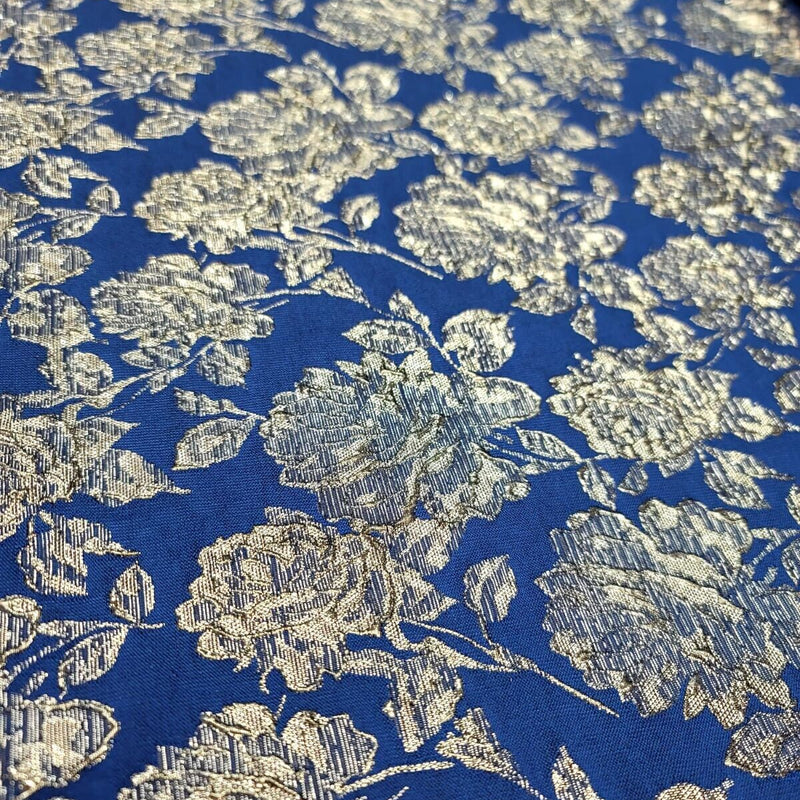 Royal Blue Brocade Fabric Metallic Silver Floral Emboss