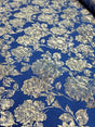 Royal Blue Brocade Fabric Metallic Silver Floral Emboss