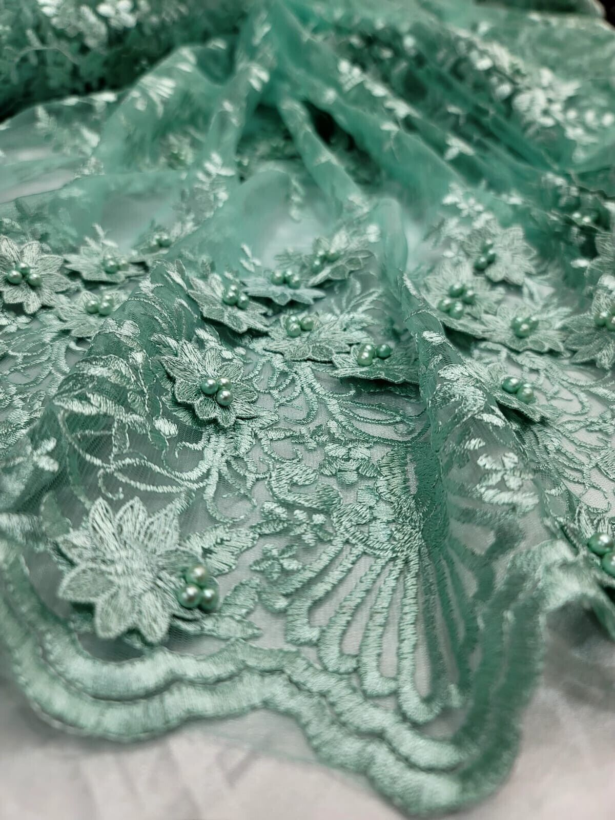 3D Floral Embroidery Beaded Mesh Lace Sage Green