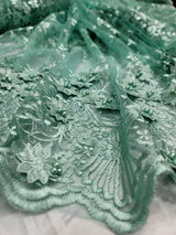 3D Floral Embroidery Beaded Mesh Lace Sage Green