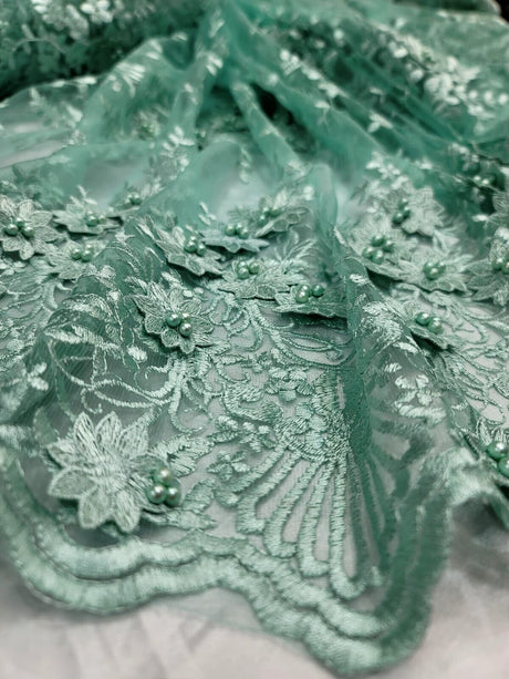3D Floral Embroidery Beaded Mesh Lace Sage Green