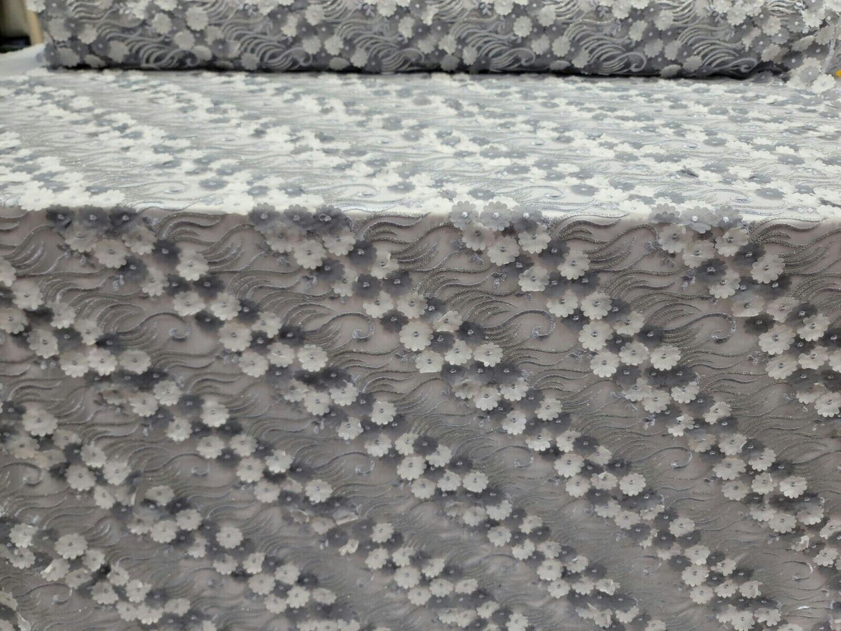 3D Floral Lace Gray Embroidery Sequin Fabric