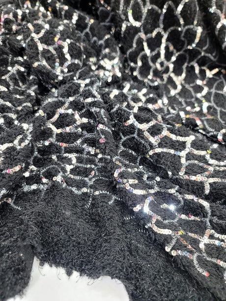 Sequin Faux Fur Stretch Fabric Black Silver