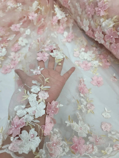 3D Floral Lace on Mesh Pink and Blush