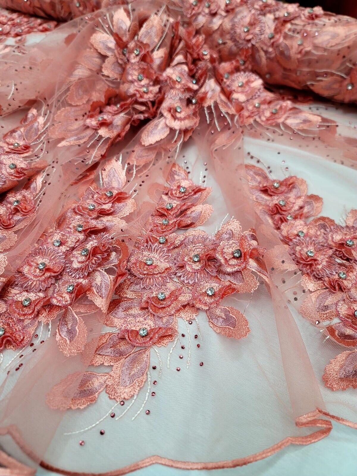 3D Floral Lace Coral Beaded