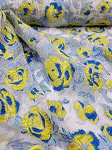 Brocade Jacquard Organza Fabric Yellow Royal Blue Floral