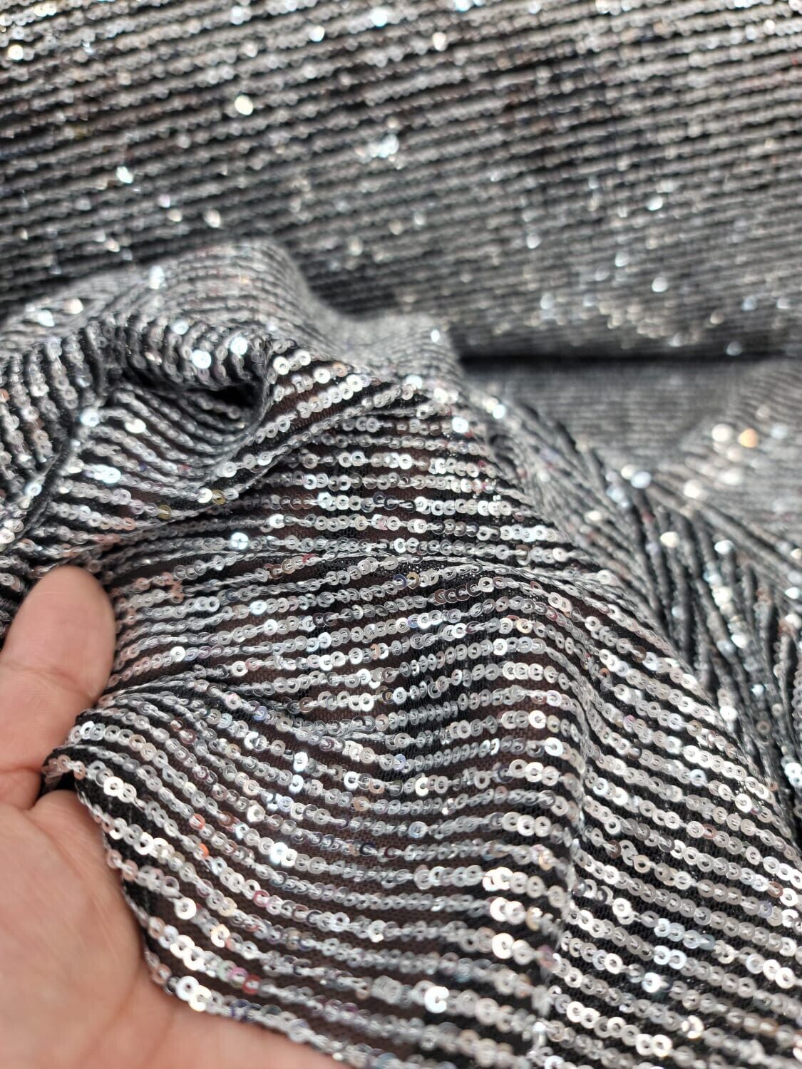 Sequin Stretch Mesh Fabric Silver on Black