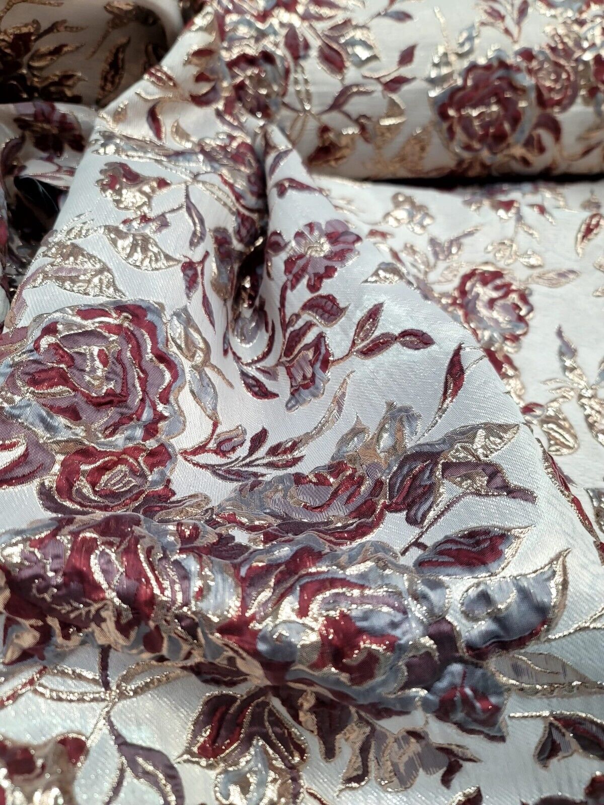 Burgundy Metallic Brocade Floral Fabric
