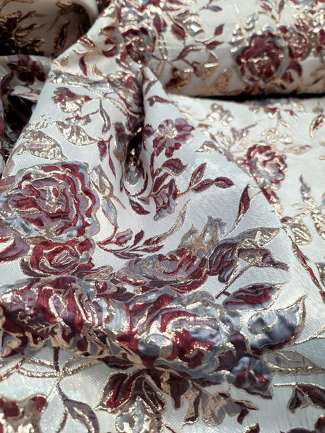 Burgundy Metallic Brocade Floral Fabric