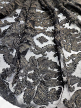 Embroidered Stretch Lace Fabric Black Gold Accent