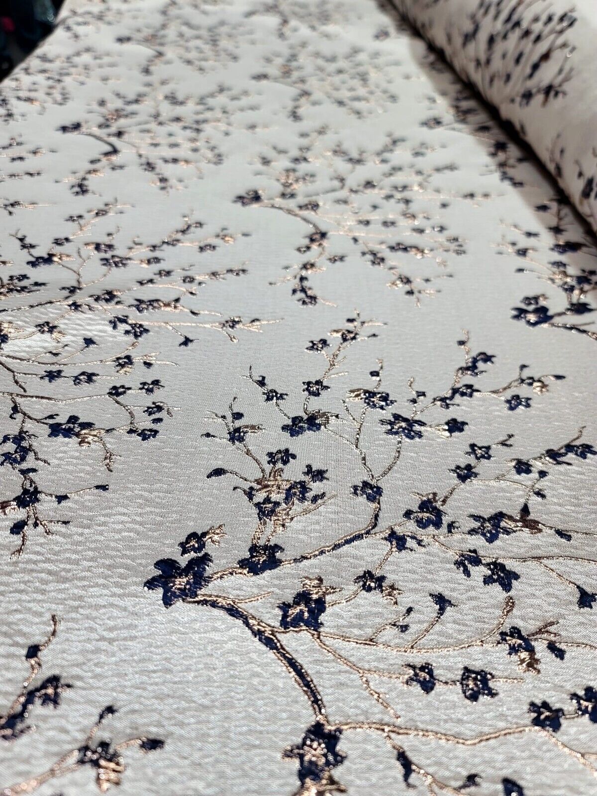 Brocade Jacquard Navy Blue Metallic Rose Gold Floral