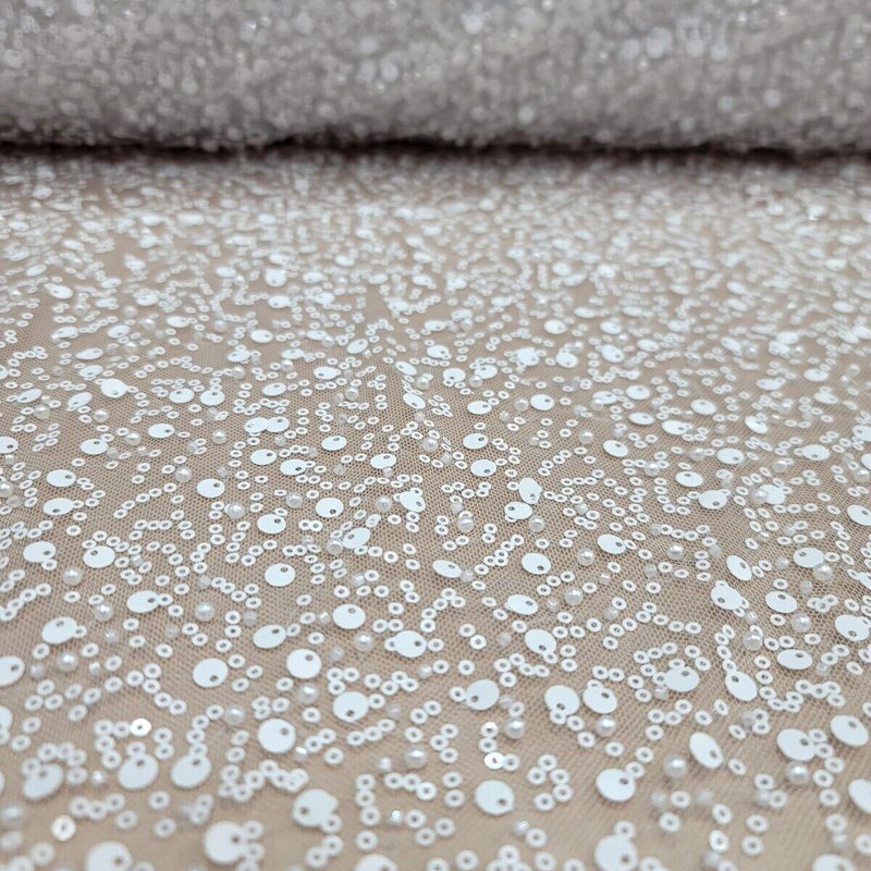 White Beaded Lace Fabric