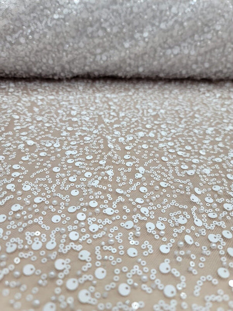 White Beaded Lace Fabric