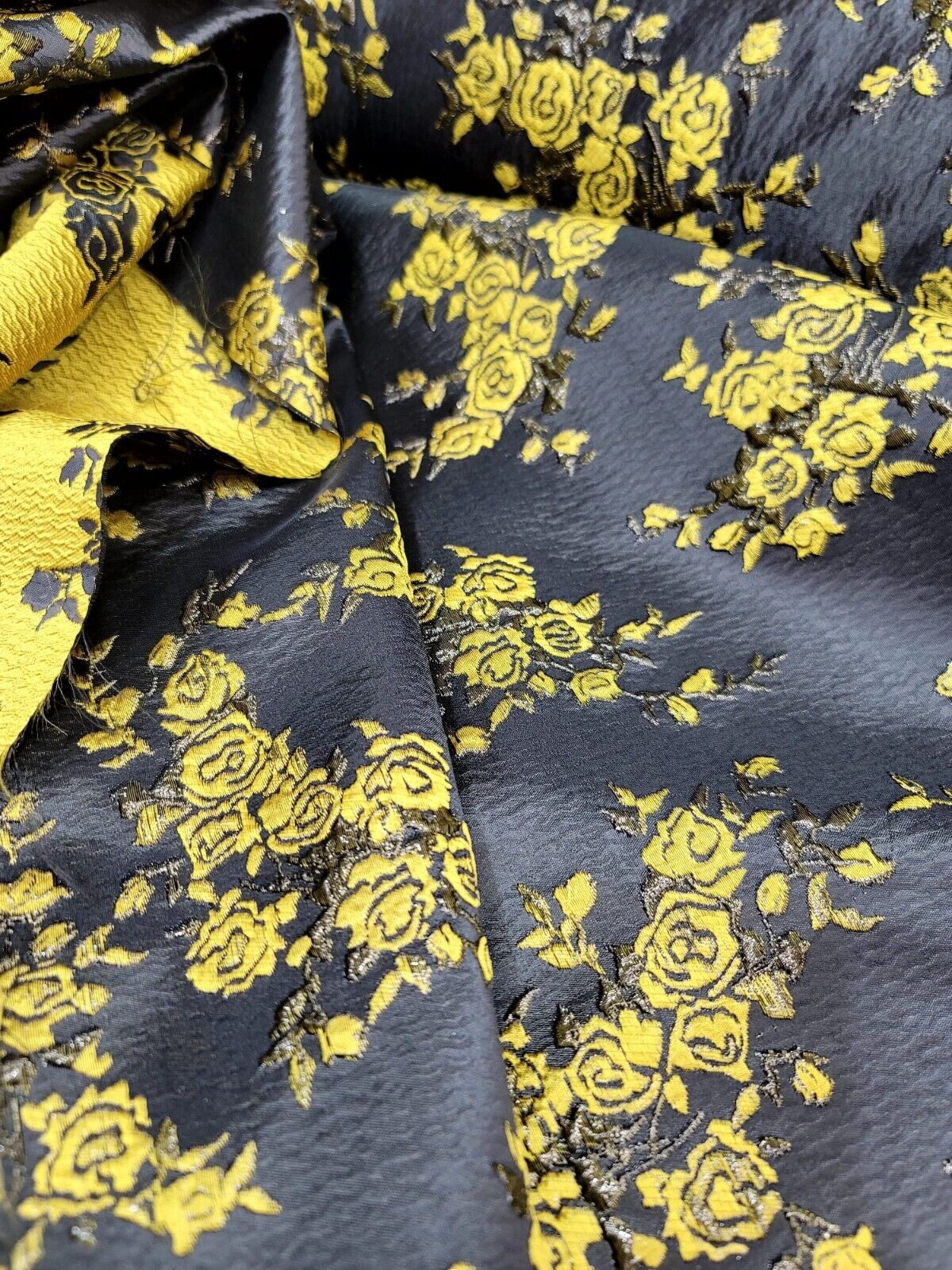 Floral Brocade Fabric Yellow Black
