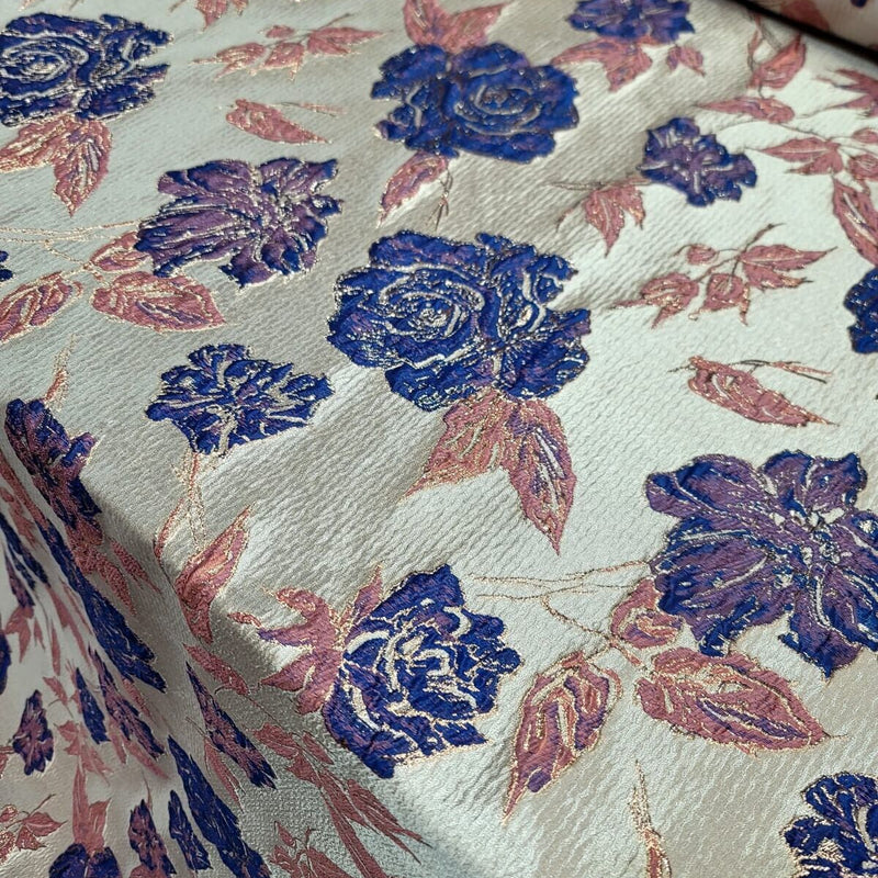 Brocade Jacquard Floral Metallic Fabric Royal Blue Pink