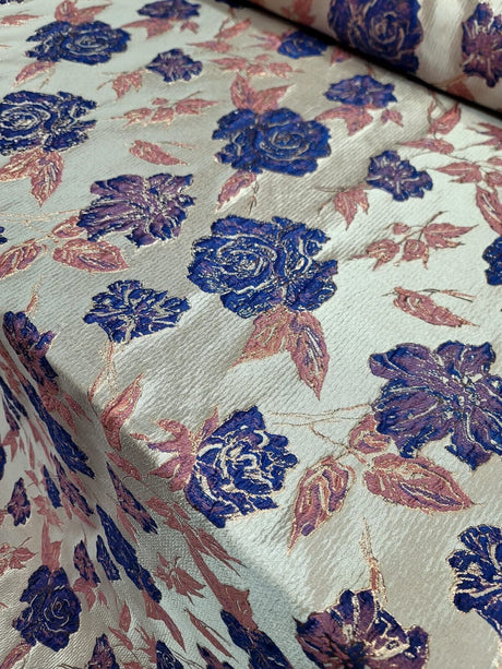 Brocade Jacquard Floral Metallic Fabric Royal Blue Pink