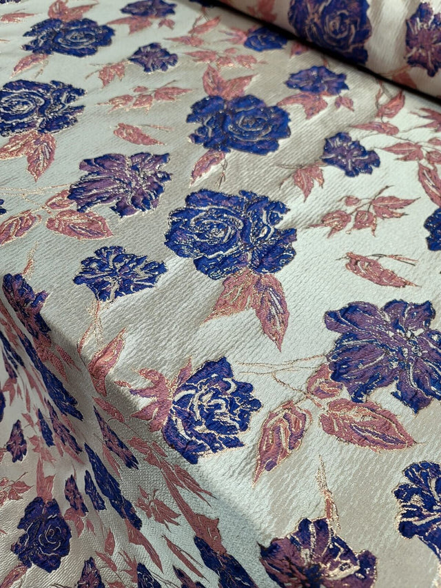 Brocade Jacquard Floral Metallic Fabric Royal Blue Pink