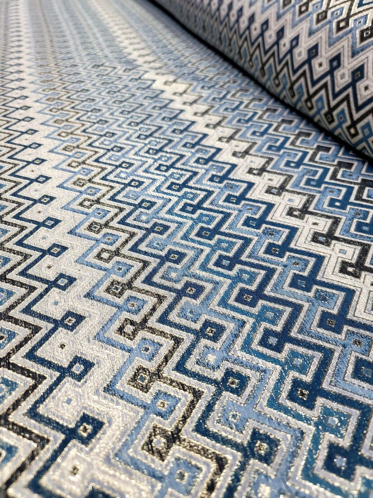 Brocade Jacquard Teal Metallic Geometric Fabric