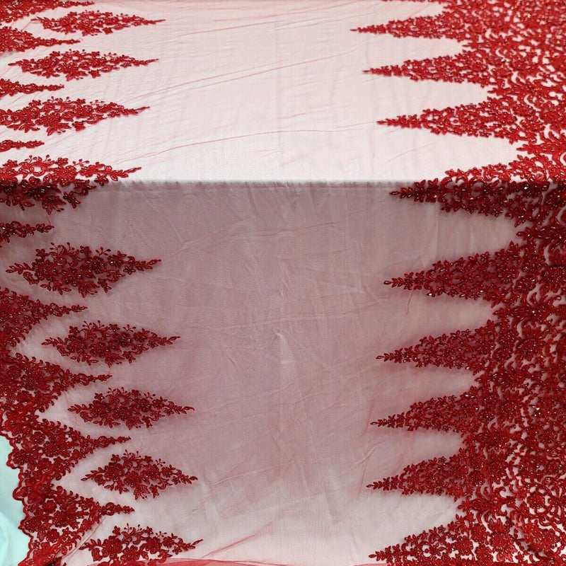 Beaded Embroidered Lace Fabric Red