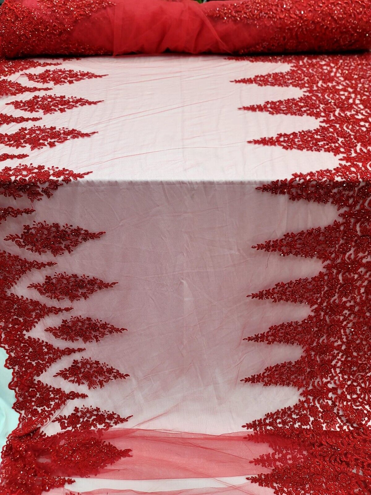 Beaded Embroidered Lace Fabric Red
