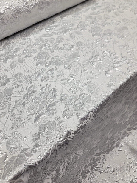 White Silver Floral Brocade Fabric