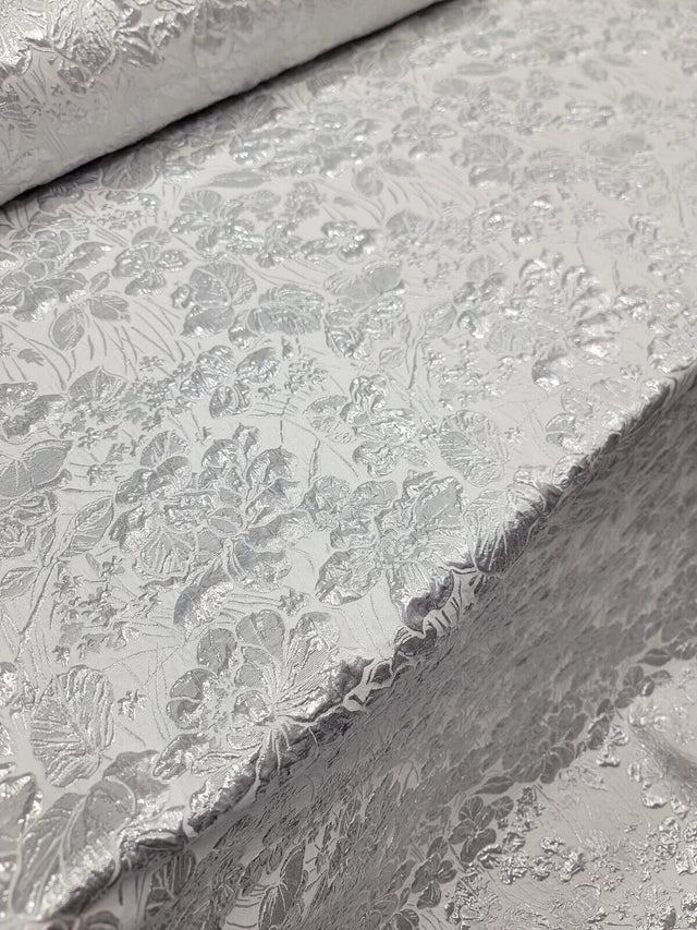 White Silver Floral Brocade Fabric