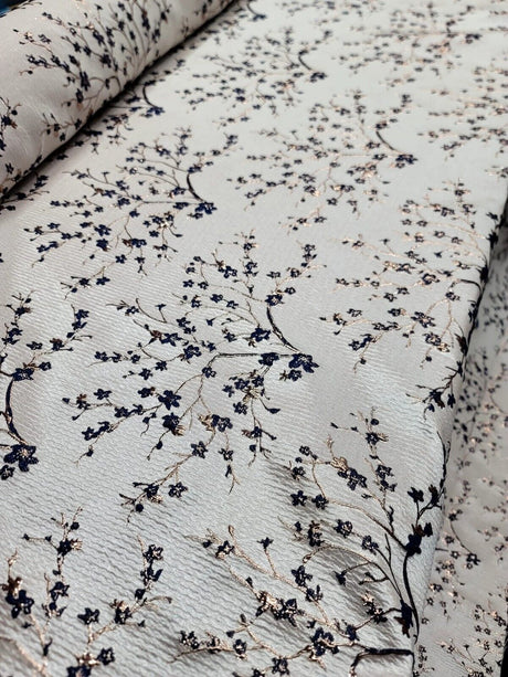 Brocade Jacquard Navy Blue Metallic Rose Gold Floral