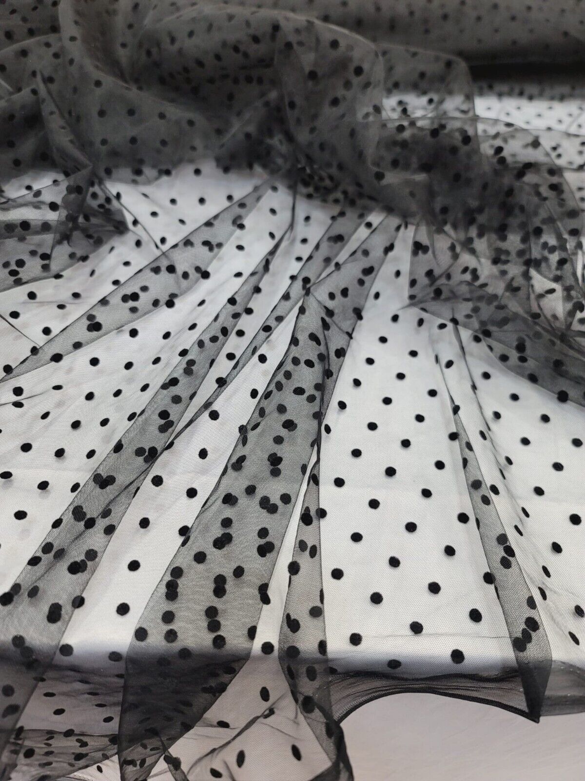 Black Tulle Mesh Fabric with Velvet Polka Dots
