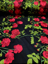 Embroidered Black Lace Fabric with Red and Green Flowers