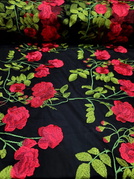 Embroidered Black Lace Fabric with Red and Green Flowers