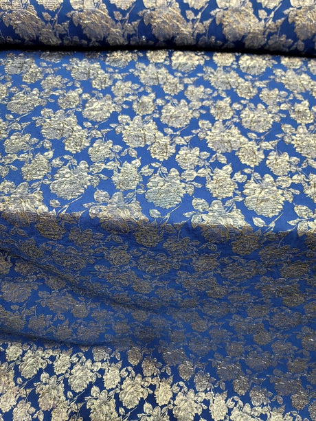 Royal Blue Brocade Fabric Metallic Silver Floral Emboss