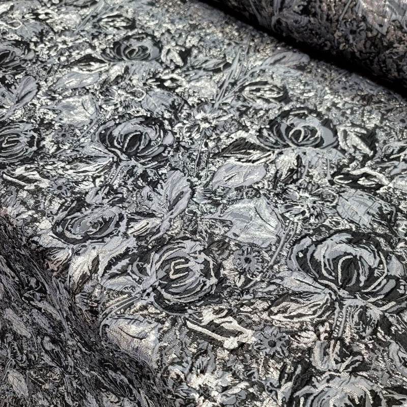 Floral Brocade Fabric Gray Metallic