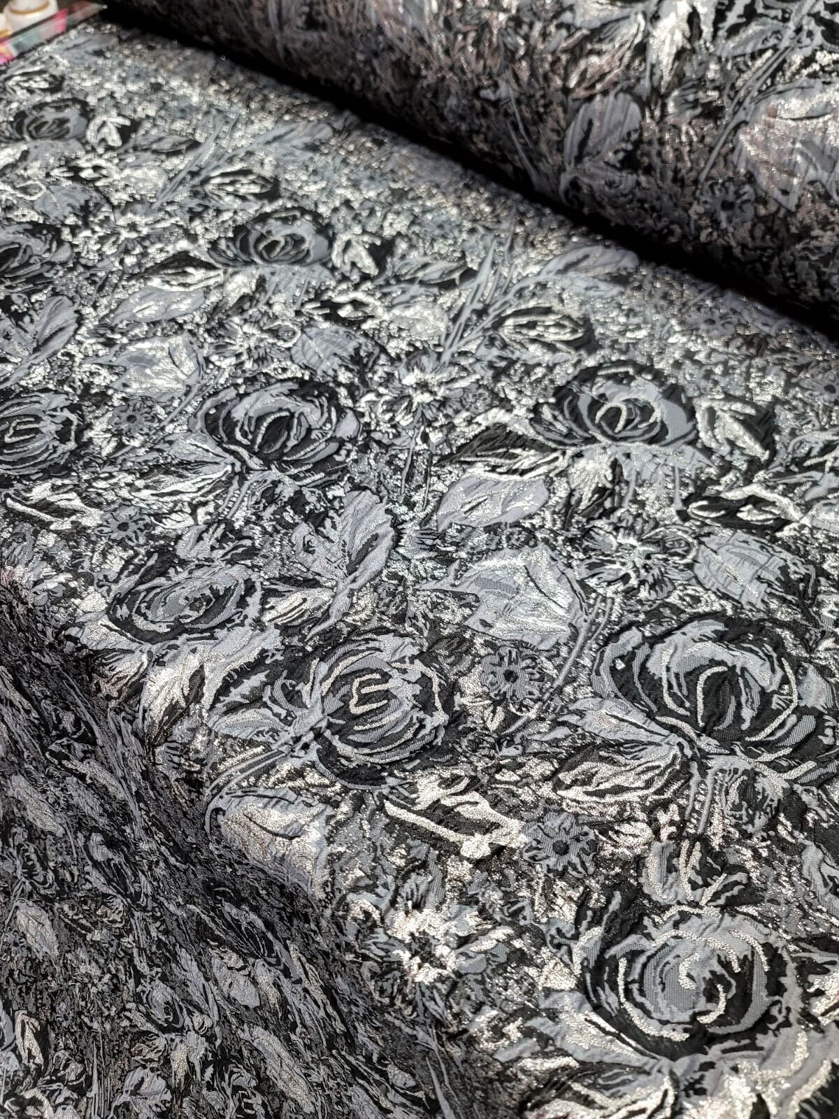 Floral Brocade Fabric Gray Metallic