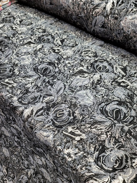 Floral Brocade Fabric Gray Metallic