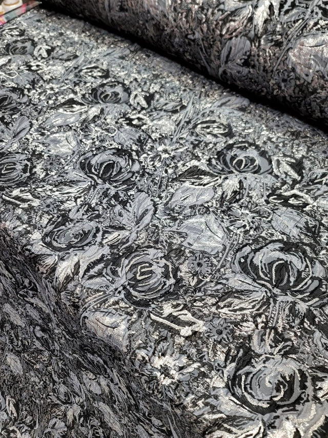 Floral Brocade Fabric Gray Metallic