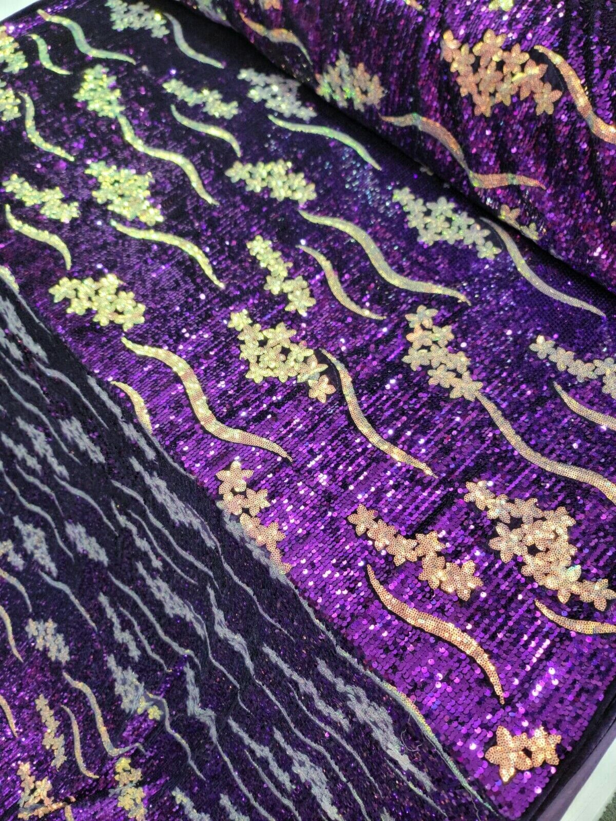 Purple Sequin Embroidery Stretch Velvet Fabric