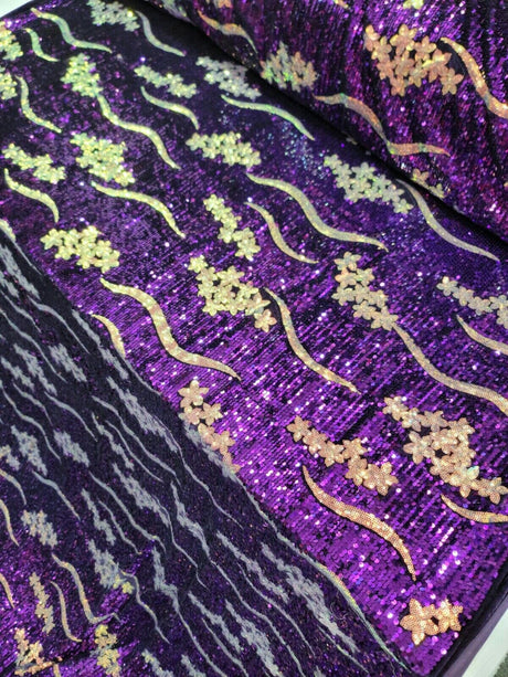 Purple Sequin Embroidery Stretch Velvet Fabric