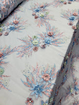 3D Floral Lace with Rhinestones in Sage Pink and Sky Blue