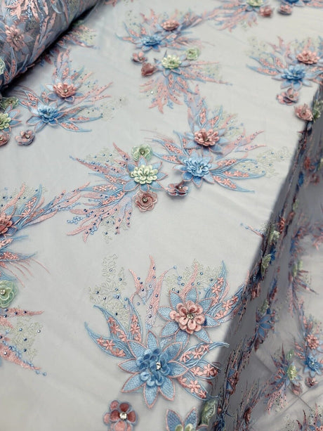 3D Floral Lace with Rhinestones in Sage Pink and Sky Blue