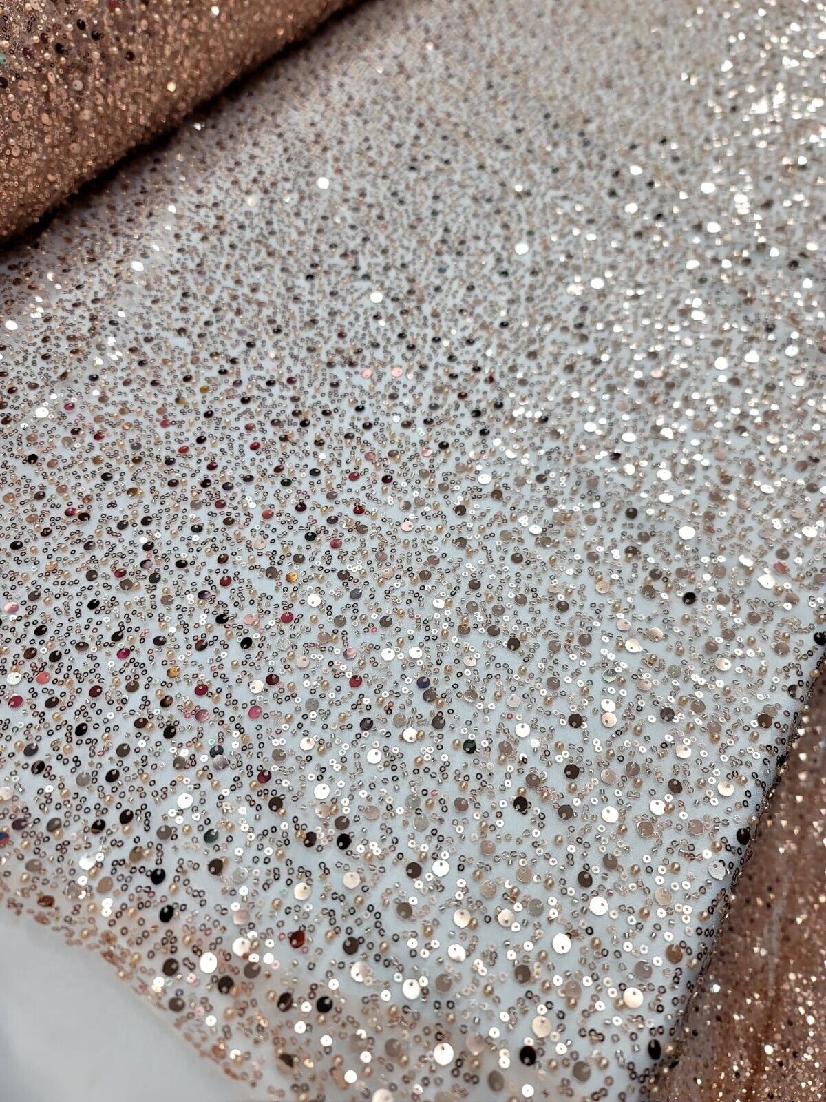 Rose Gold Sequins Beaded Embroidered Stretch Lace Fabric
