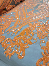 Orange Sequin Embroidered Lace Stretch Mesh Fabric