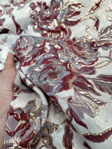 Burgundy Metallic Brocade Floral Fabric
