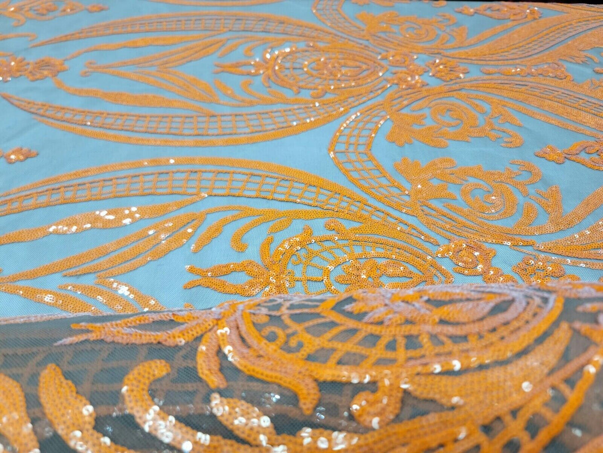 Orange Sequin Embroidered Lace Stretch Mesh Fabric