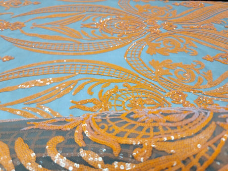 Orange Sequin Embroidered Lace Stretch Mesh Fabric