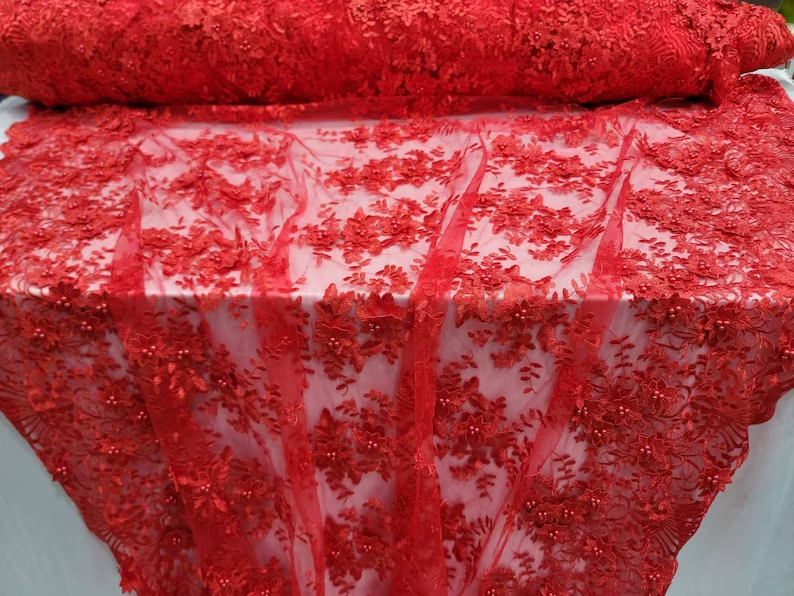 3D Flower Lace Embroidery Lace Fabric Red