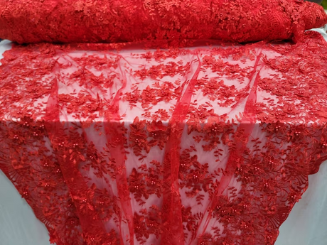 3D Flower Lace Embroidery Lace Fabric Red