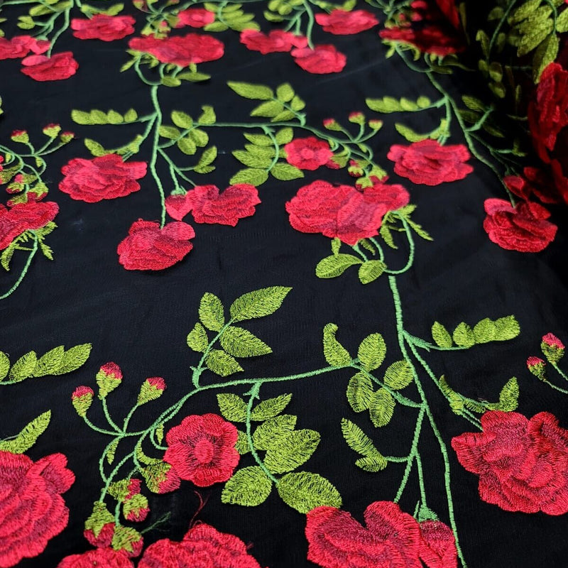 Embroidered Black Lace Fabric with Red and Green Flowers