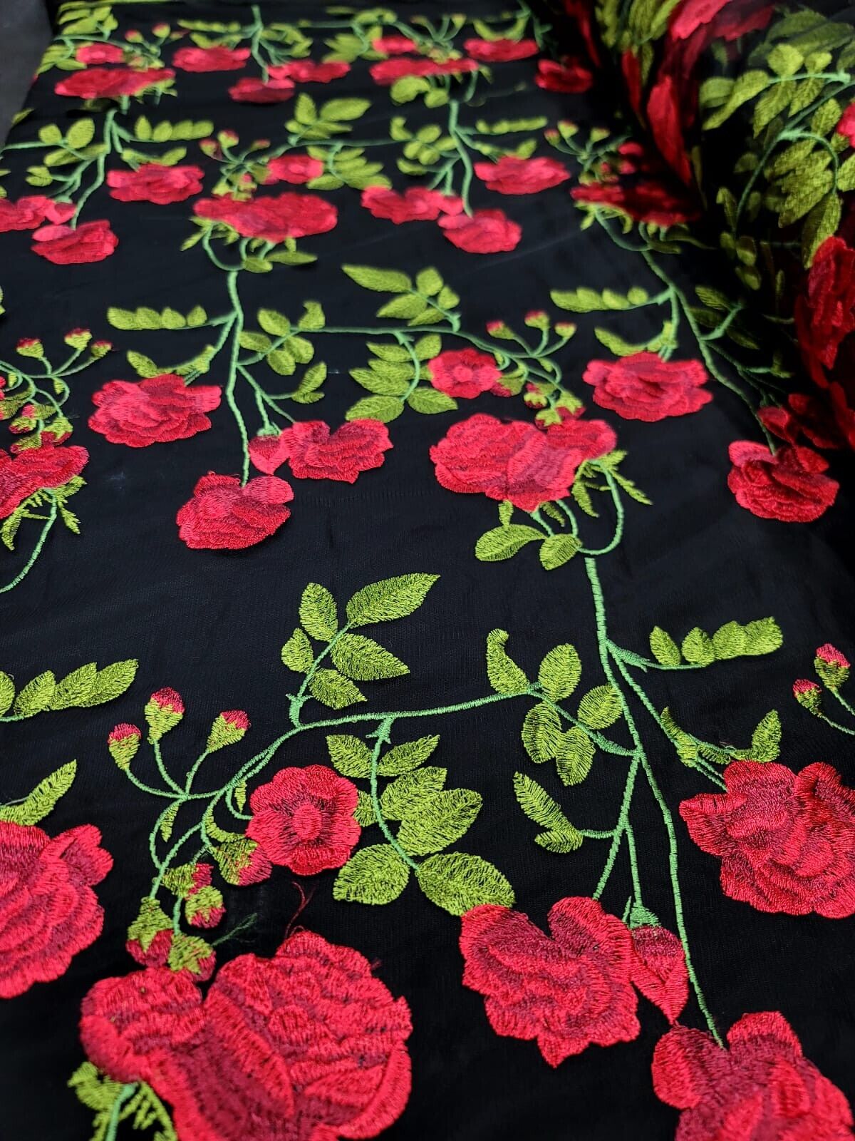 Embroidered Black Lace Fabric with Red and Green Flowers